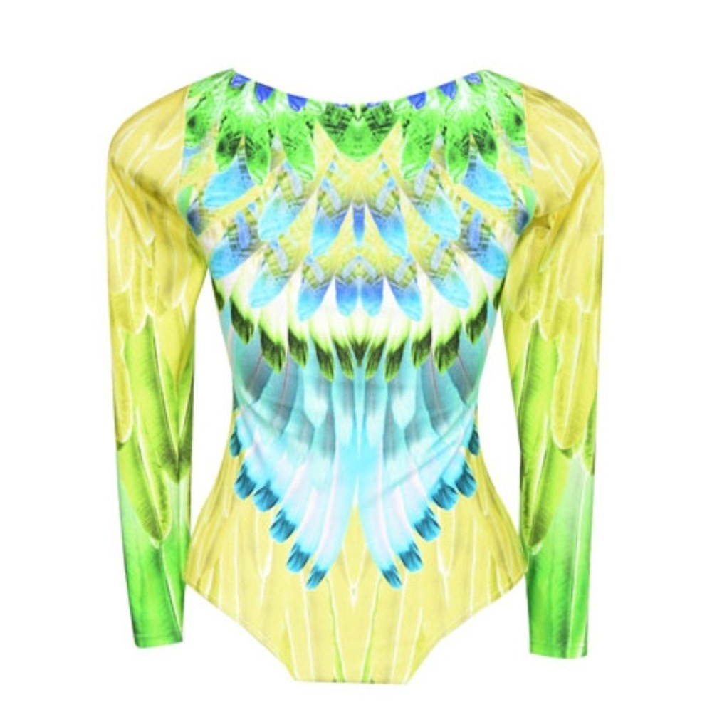 Cia Maritima Brazil Colorful Feathers Bright‎ Long Sleeve Bodysuit Scoop Neck M